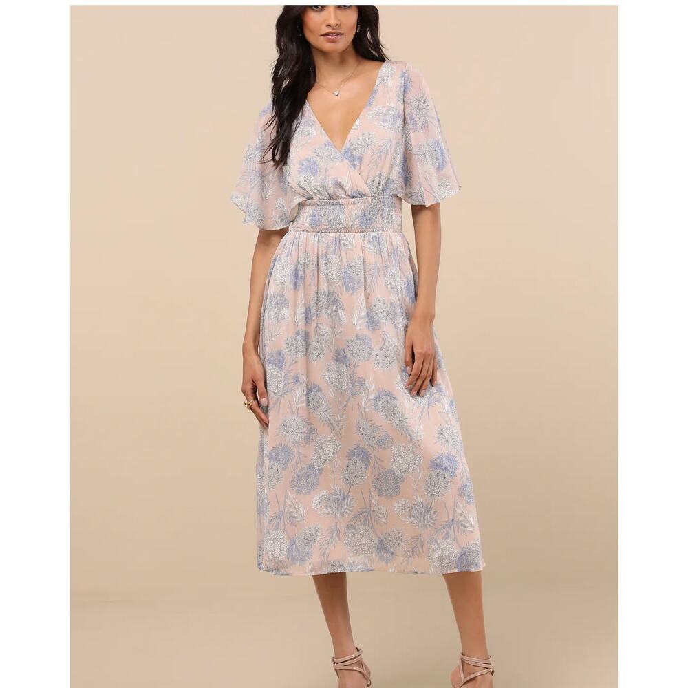 Lulu's Subtle Romance Beige Floral Ruffled Midi Dress Size L (Estimated)